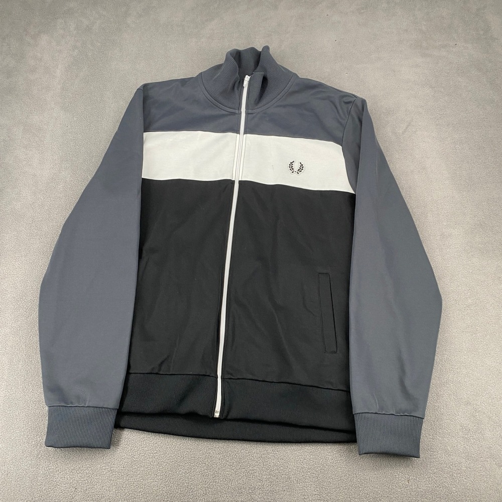 Fred Perry Sportswear Mens Track Jacket XL Grey White Black Colorblock Full Zip